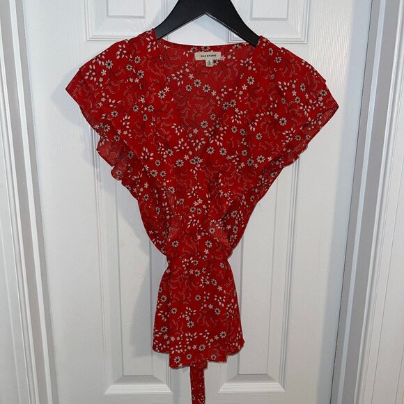 Max Studio Tie Waist V-Neck Short Sleeve Blouse - Picture 1 of 2